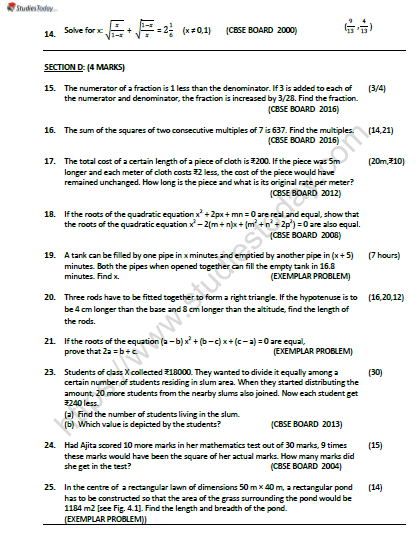 Class 10 Quadratic Equation Printable Worksheets